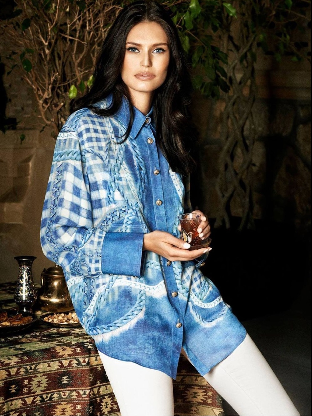 Balmain trompe l’oeil printed silk tunic top